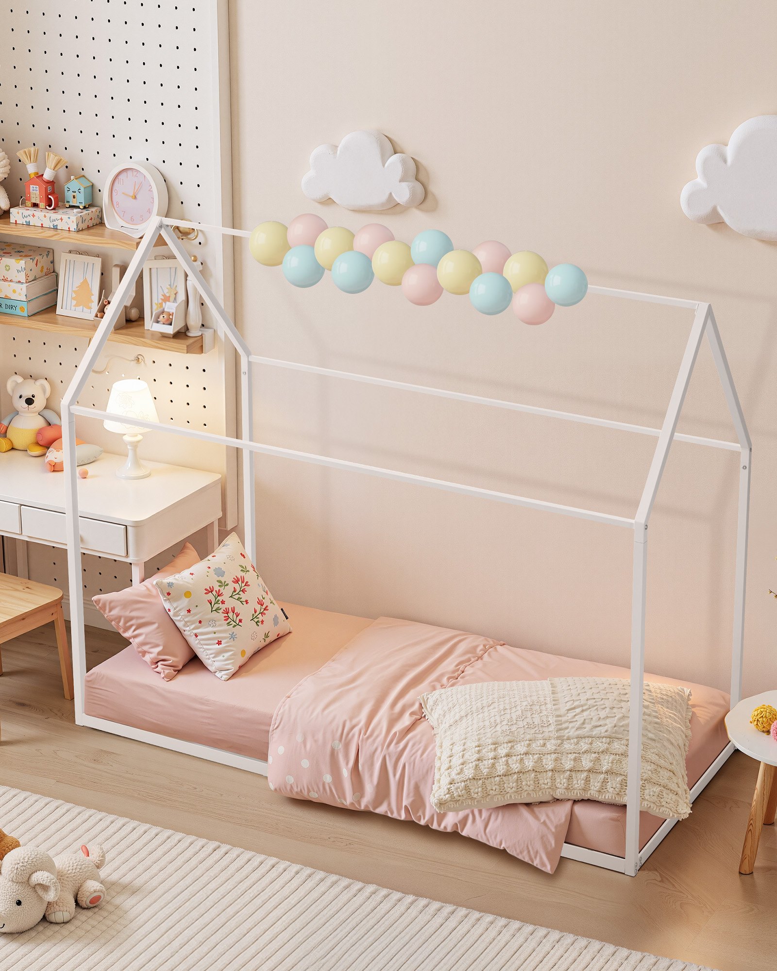 VEVOR House Bedframe Twin Size Metalen Vloerbedframe met Dak Wit