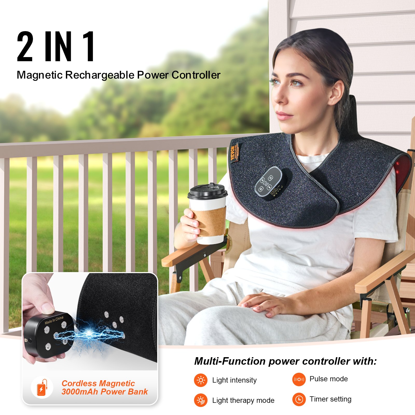 VEVOR Red Light Therapy for Shoulder Neck, 660nm & 850nm Wearable Light Therapy Pad with Timer, 10Hz Pulse & 3 Intensities, Cordless Light Therapy Wrap Device for Upper Back Pain Relief, Muscle Relax