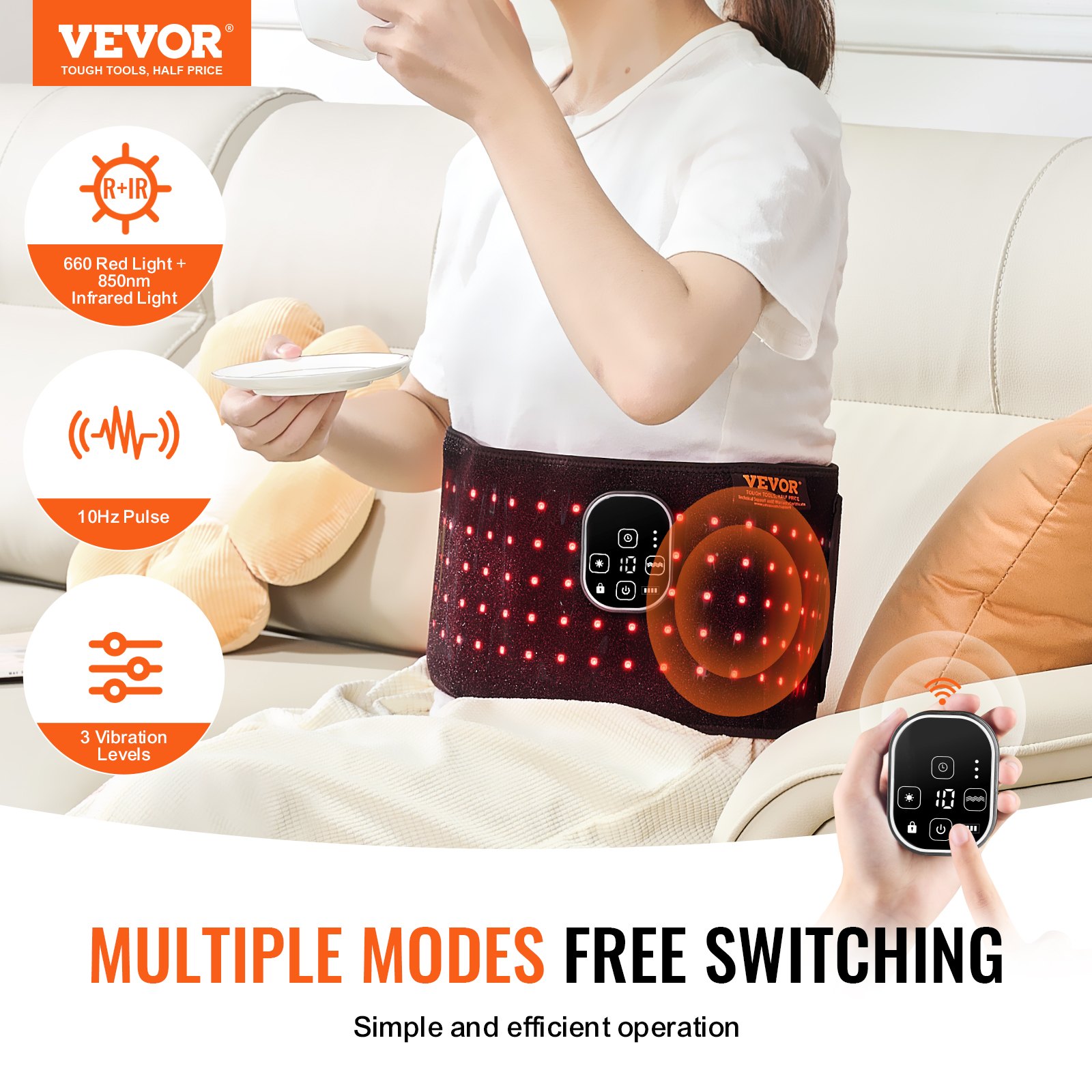 VEVOR Red Light Therapy for Waist, 660nm & 850nm Red Light Therapy Wrap Belt with Timer, 105 LEDs, 3-Level Vibration & 3 Intensities, Cordless Light Therapy Pad Device for Shoulder Knee Pain Relief