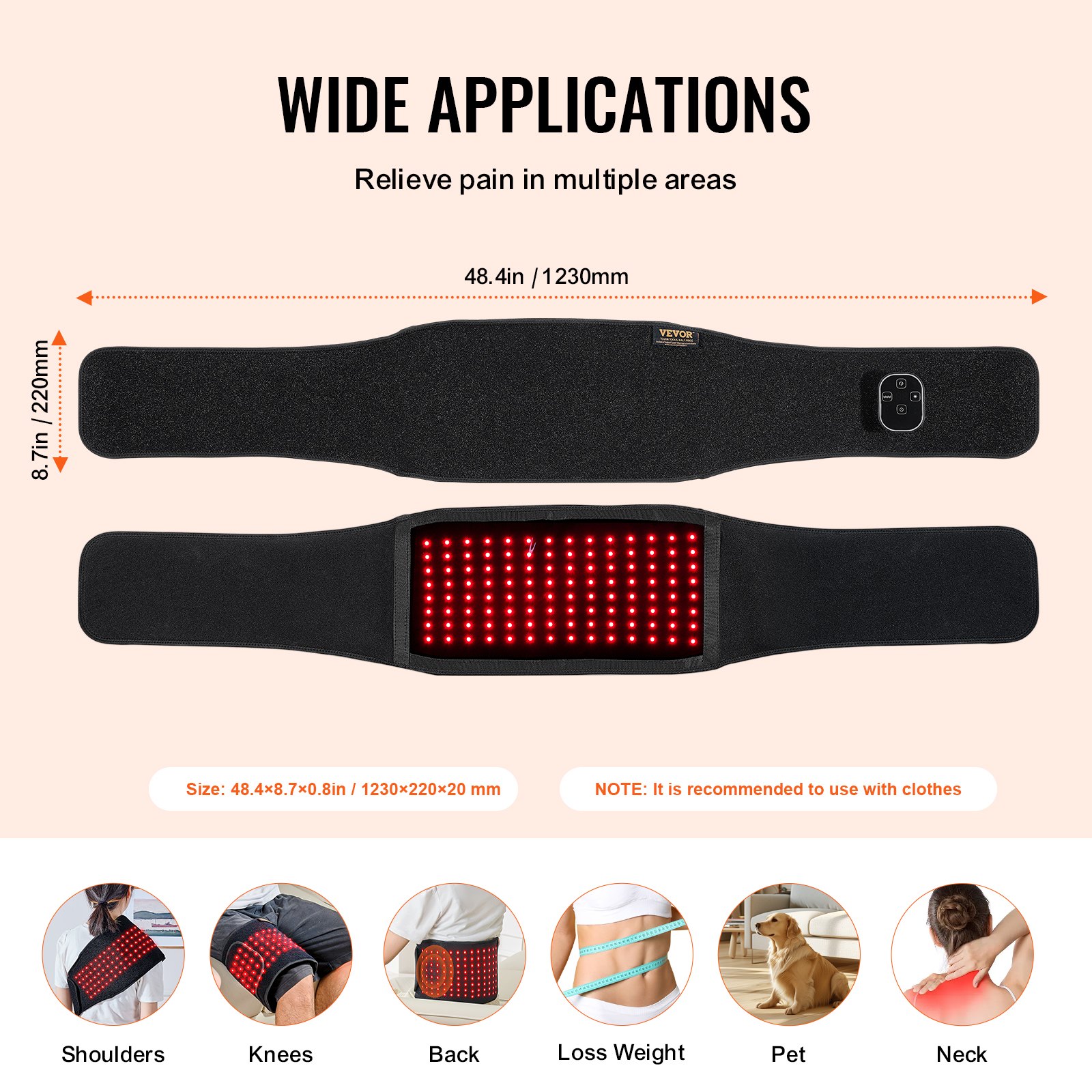 VEVOR Red Light Therapy Belt for Waist, 660nm & 850nm Red Light Therapy Pad with Timer, 112 LEDs, 3-Level Vibration & 3 Intensities, Cordless Light Therapy Wrap Device for Shoulder Knees Pain Relief