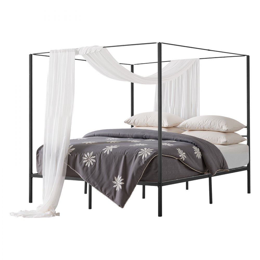 VEVOR King Size Canopy Bed Frame, Metal Canopy Bed with Four Posters Design, Heavy Duty Steel Slats Support, Underbed Storage Space, No Box Spring Needed, Easy Assembly, Black