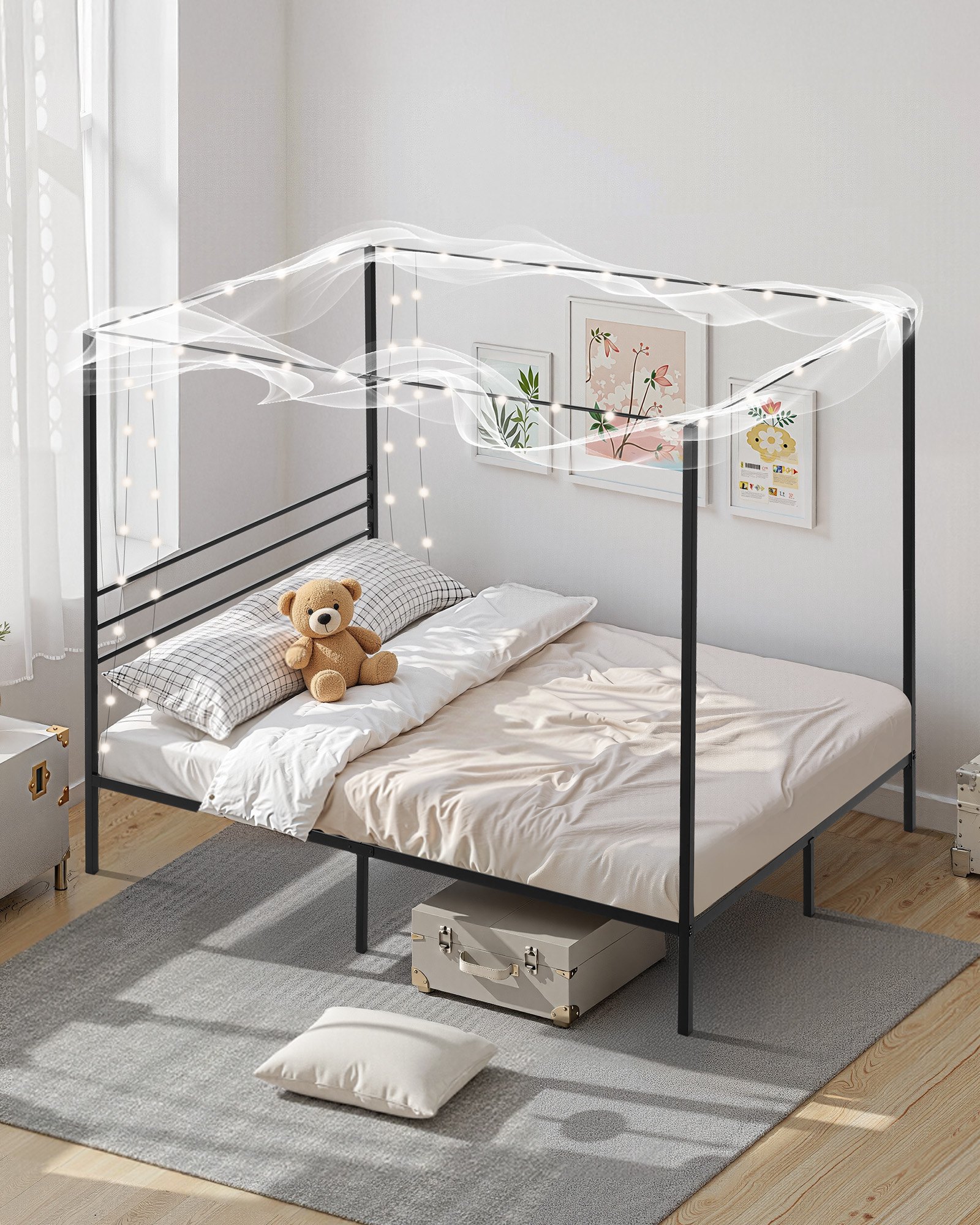 VEVOR Queen Size Canopy Bed Frame, Metal Canopy Bed with Four Posters Design, Heavy Duty Steel Slats Support, Underbed Storage Space, No Box Spring Needed, Easy Assembly, Black
