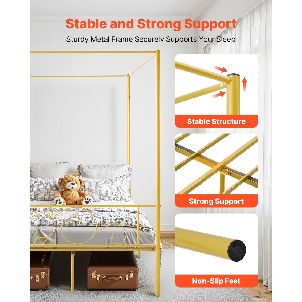 VEVOR hemelbedframe (volledige maat), metalen hemelbed met minimalistisch hoofdeinde en hemelbedontwerp, stevige stalen lattenbodem (rond), opbergruimte onder het bed, geen boxspring vereist, goud