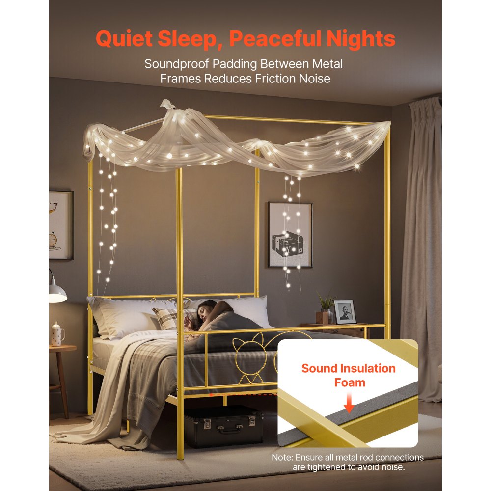 VEVOR hemelbedframe (volledige maat), metalen hemelbed met minimalistisch hoofdeinde en hemelbedontwerp, stevige stalen lattenbodem (rond), opbergruimte onder het bed, geen boxspring vereist, goud