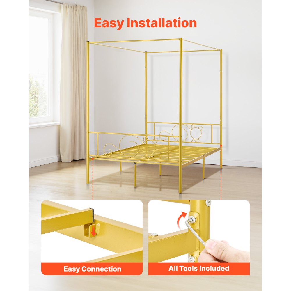 VEVOR hemelbedframe (volledige maat), metalen hemelbed met minimalistisch hoofdeinde en hemelbedontwerp, stevige stalen lattenbodem (rond), opbergruimte onder het bed, geen boxspring vereist, goud