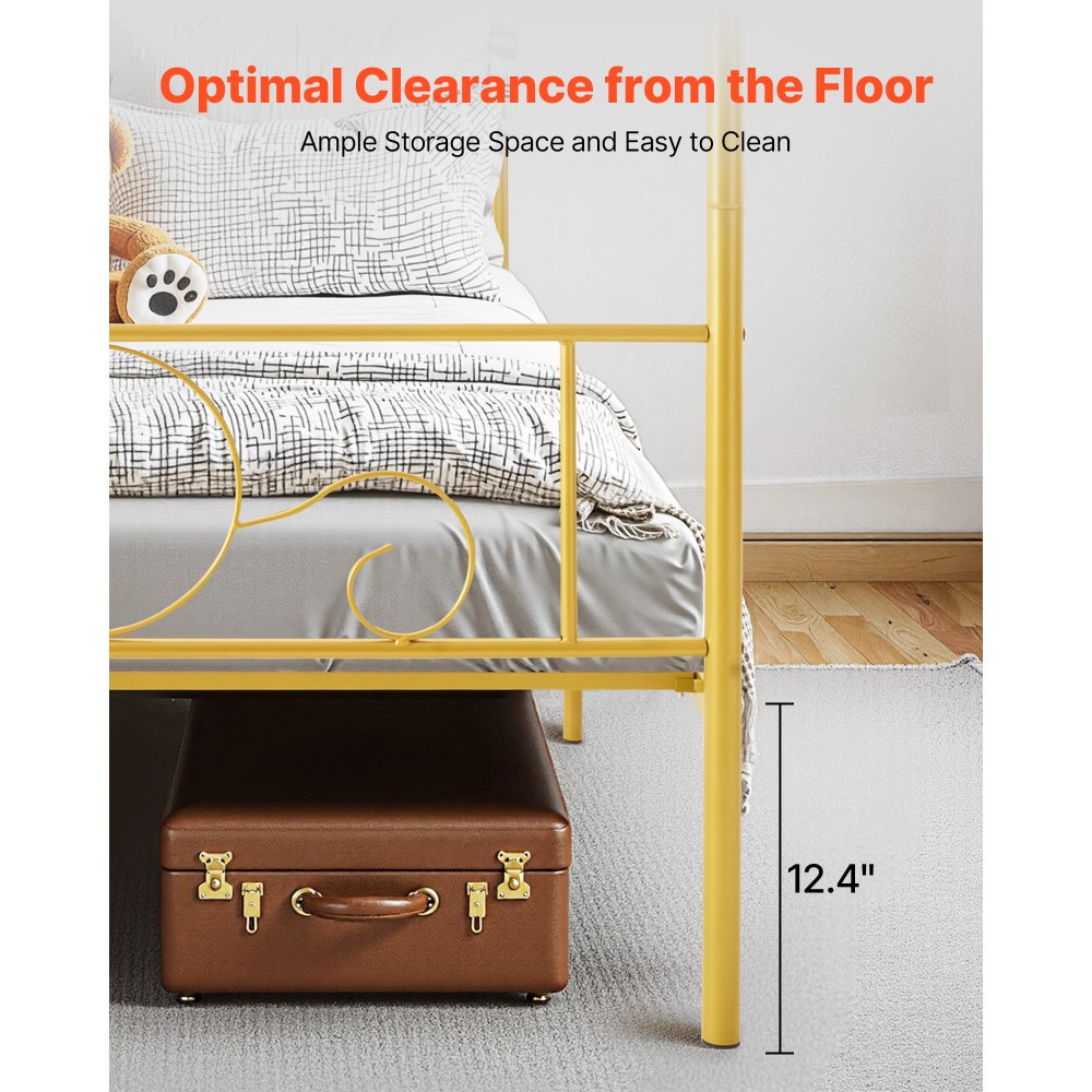 VEVOR hemelbedframe (volledige maat), metalen hemelbed met minimalistisch hoofdeinde en hemelbedontwerp, stevige stalen lattenbodem (rond), opbergruimte onder het bed, geen boxspring vereist, goud