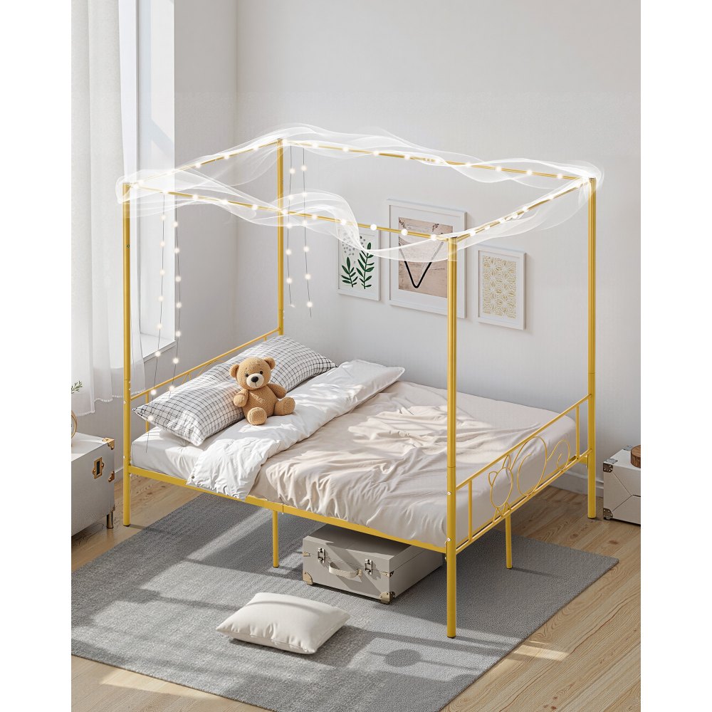 VEVOR hemelbedframe (volledige maat), metalen hemelbed met minimalistisch hoofdeinde en hemelbedontwerp, stevige stalen lattenbodem (rond), opbergruimte onder het bed, geen boxspring vereist, goud