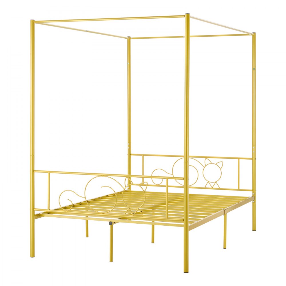 VEVOR hemelbedframe (volledige maat), metalen hemelbed met minimalistisch hoofdeinde en hemelbedontwerp, stevige stalen lattenbodem (rond), opbergruimte onder het bed, geen boxspring vereist, goud