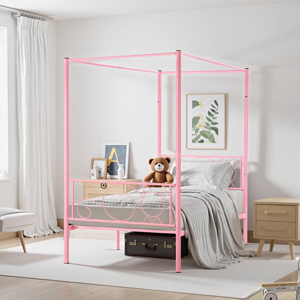 VEVOR Twin Size Canopy Bed Frame, Metal Canopy Bed with Minimalist Headboard & Four Posters Design, Heavy Duty Steel Slats Support, Underbed Storage Space, No Box Spring Needed, Easy Assembly, Pink
