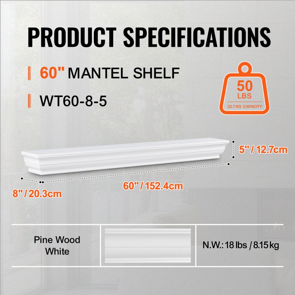 VEVOR Fireplace Mantel, 60" x 8" x 5", 50 lbs Weight Capacity, Natural Wood Mantel for Over Fireplace, Wall Mounted Floating Farmhouse Shelf, Handcrafted Wood Fireplace Mantel for Wall Decor, White