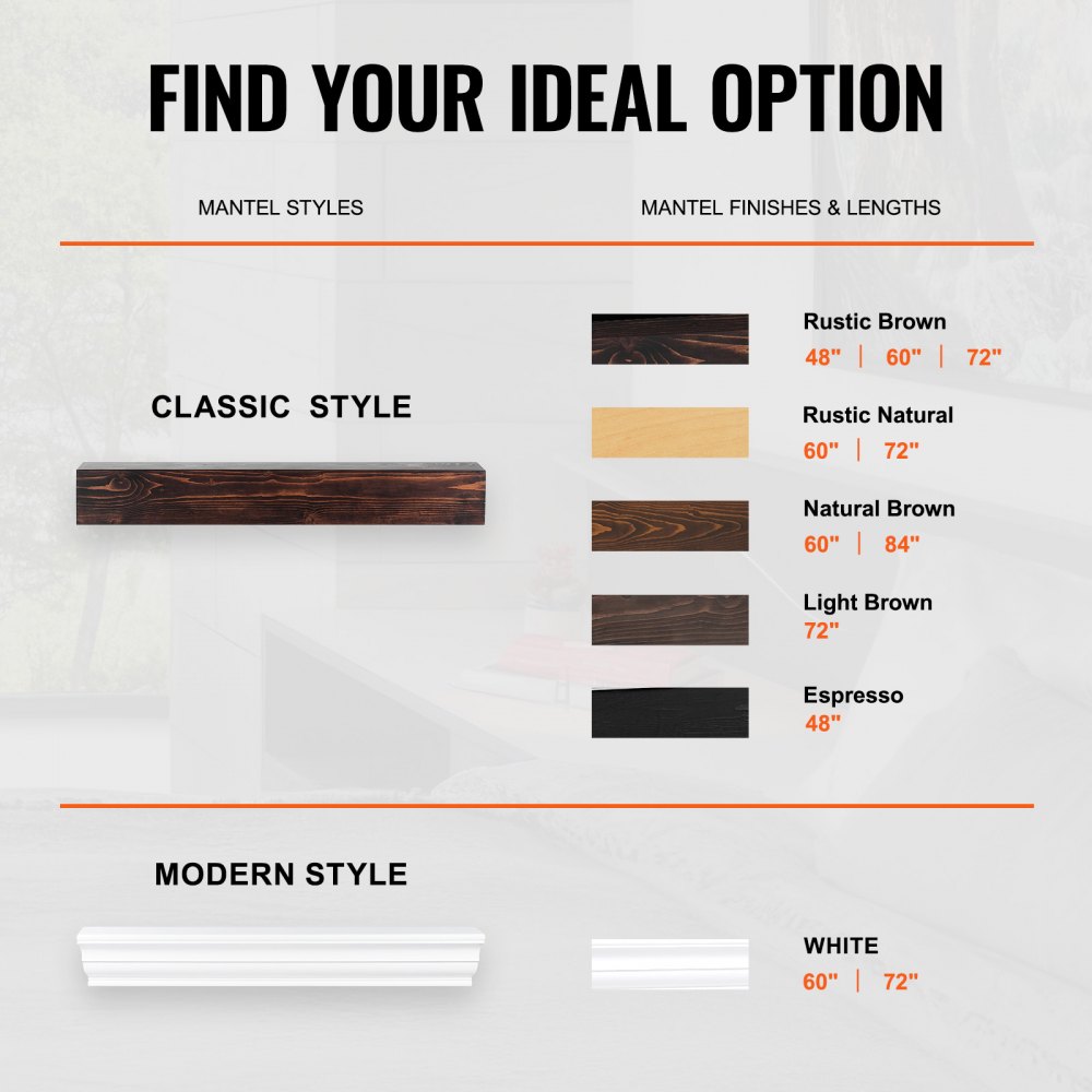 VEVOR Fireplace Mantel, 60" x 8" x 5", 50 lbs Weight Capacity, Natural Wood Mantel for Over Fireplace, Wall Mounted Floating Farmhouse Shelf, Handcrafted Wood Fireplace Mantel for Wall Decor, White