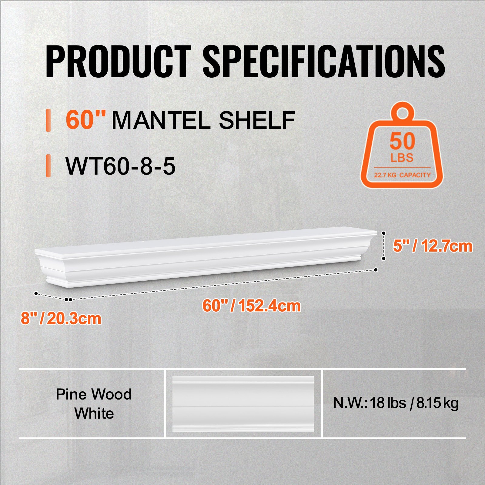 VEVOR Fireplace Mantel, 60" x 8" x 5", 50 lbs Weight Capacity, Natural Wood Mantel for Over Fireplace, Wall Mounted Floating Farmhouse Shelf, Handcrafted Wood Fireplace Mantel for Wall Decor, White