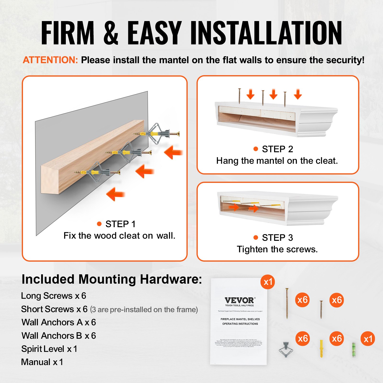 VEVOR Fireplace Mantel, 72" x 8" x 5", 50 lbs Weight Capacity, Natural Wood Mantel for Over Fireplace, Wall Mounted Floating Farmhouse Shelf, Handcrafted Wood Fireplace Mantel for Wall Decor, White