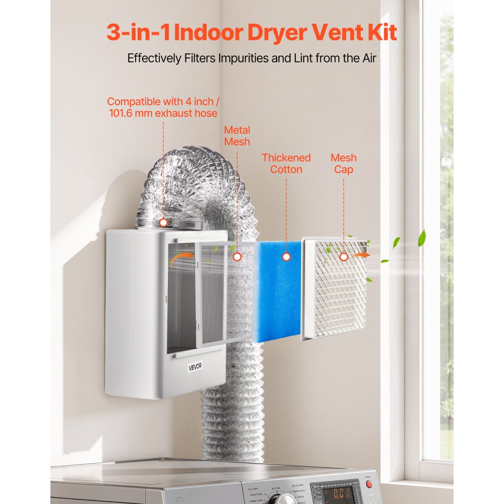 VEVOR 3-in-1 Indoor Dryer Vent Kit,Premium ABS Material Fits 99 mm Exhaust Port, Smart Overheating Reminder Exhaust Hood & Easy Detach Mesh Cap & Multi-layer Purification with 4 Replacement Pads