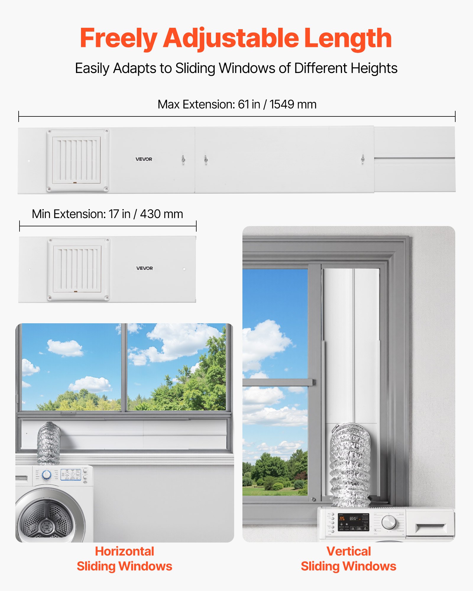VEVOR Dryer Vent Window Kit, Fits 101.6 mm Exhaust Hoses, Adjustable Length for Adapts Sliding Windows of Different Heights, Sturdy PVC and PP Materials, Dual Protections & Multi-layer Sealing Design