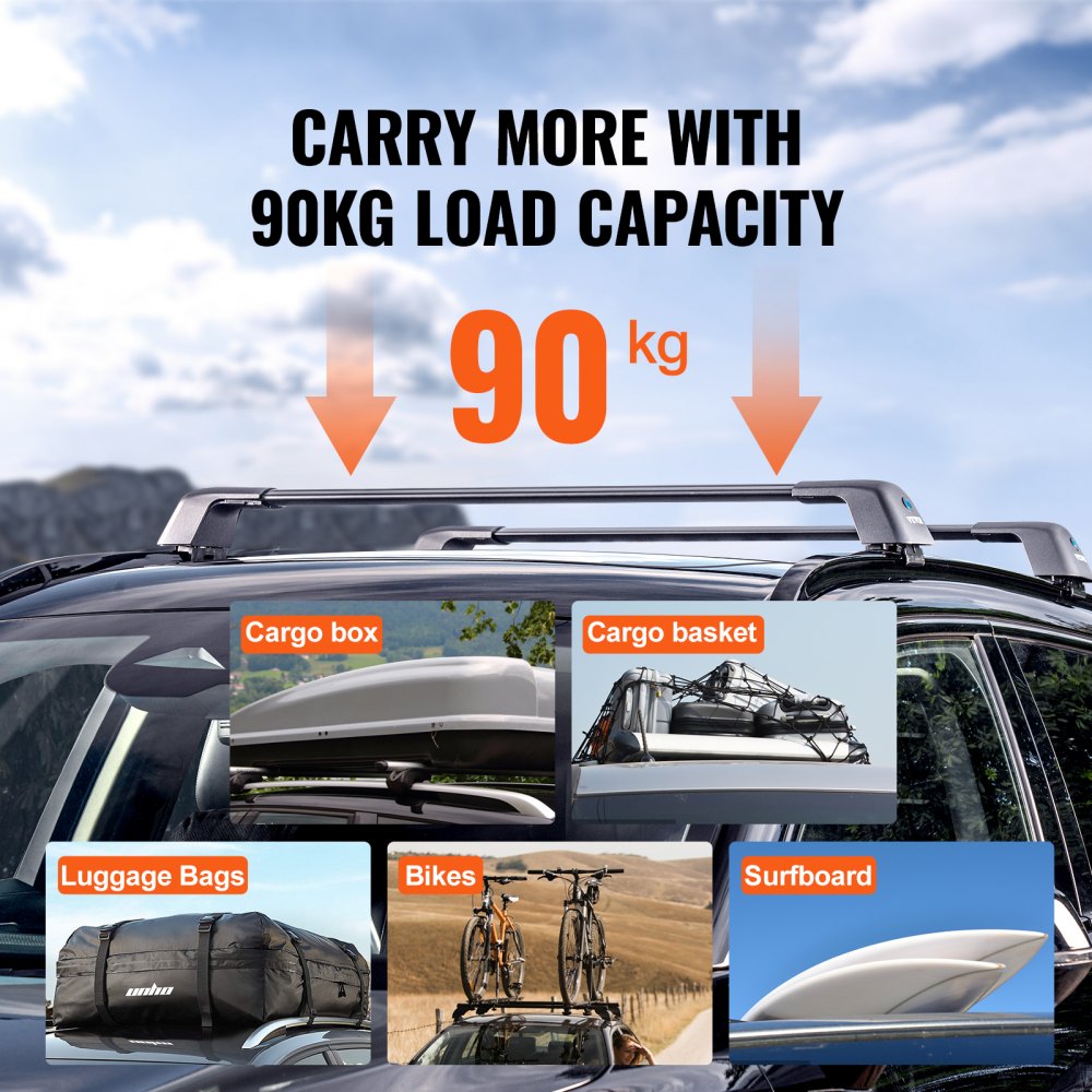 VEVOR Universal Roof Rack Cross Bars, Aluminum Roof Rack Crossbars, Fit Grooved Side Rail without Gap, 90KG Load Capacity, Adjustable Crossbars with Locks for SUV, Sedan, Van