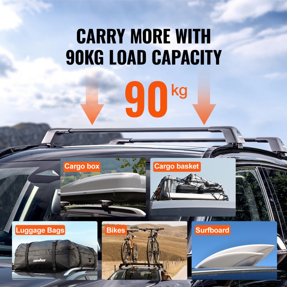 VEVOR Universal Roof Rack Cross Bars, Aluminum Roof Rack Crossbars, Fit Grooved Side Rail without Gap, 90KG Load Capacity, Adjustable Crossbars with Locks for SUV, Sedan, Van