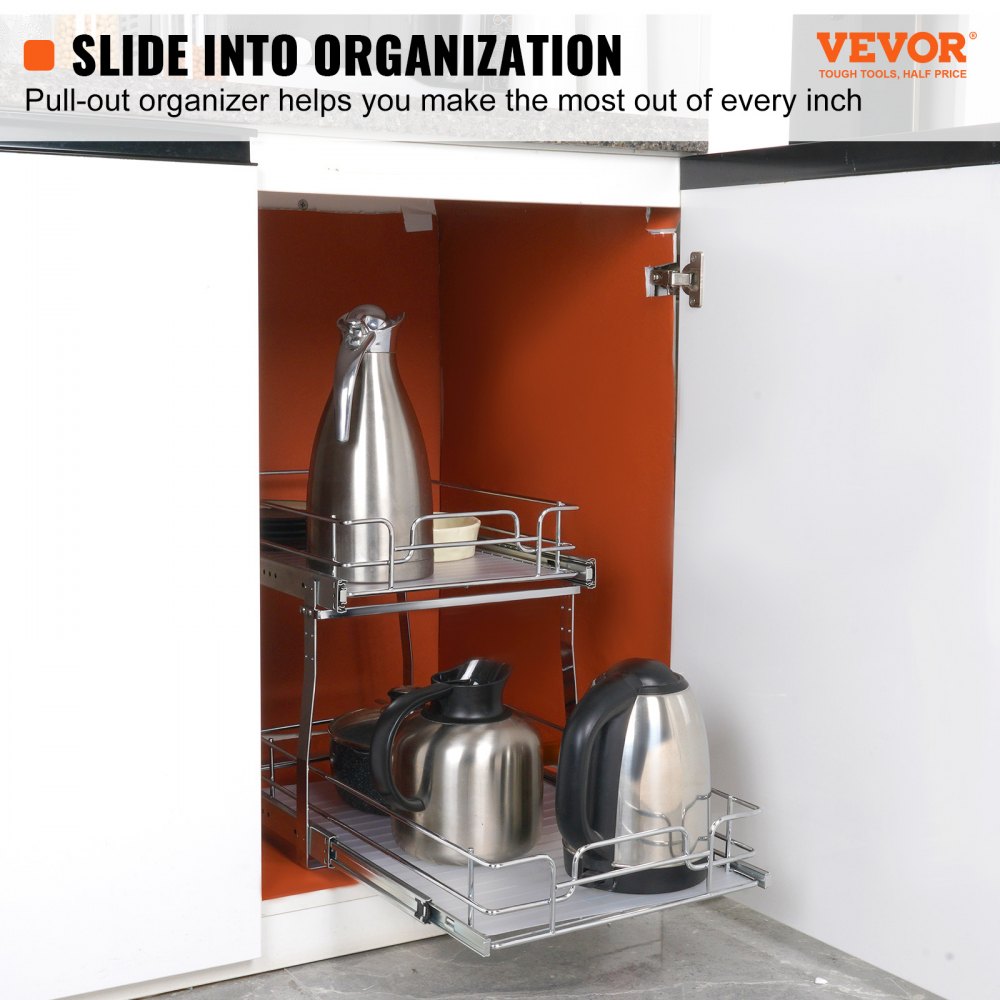 VEVOR 2 Tier 12.7"Wx21"Dx3.2"H Pull Out Cabinet Organizer, Heavy Duty Slide Out Pantry Shelves, Steel Roll Out Drawers, Sliding Drawer Storage for Home, 15.5"Wx22.5"Dx19"H Install Size for Cabinet