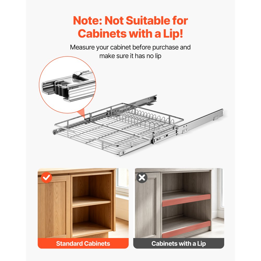 VEVOR Uitschuifbare kastorganizer 500 x 535 mm (B x D) gemaakt van koolstofstaal voor kookgerei, kruidenpotjes, etenswaren en schoonmaakartikelen, verchroomd oppervlak, uittrekbare plank voor onderkasten.