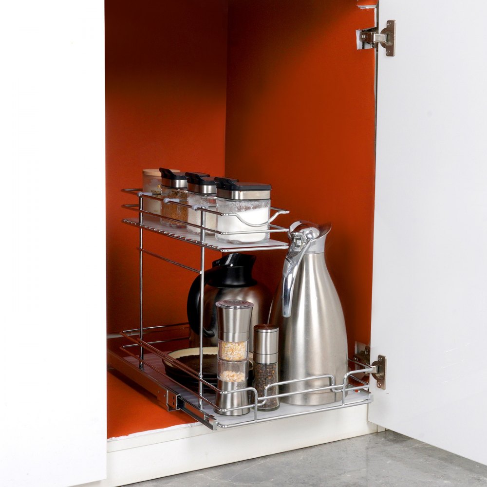 VEVOR Pull-out sink cabinet shelf, kitchen cabinet, spice rack, double basket, 124 x 399 x 63 mm + 292 x 419 x 63 mm, sink shelf, pull-out cupboard organizer, base cabinet shelf, sink cabinet