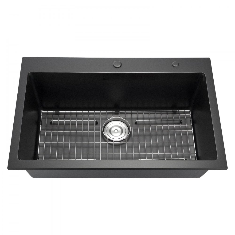VEVOR 84 cm Kitchen Sink Workstation, Top Mount Granite Sinks, Drop-In Single Bowl Farmhouse Basin with Multiple Accessories, Household Dishwasher Sinks for RV, Prep Kitchen, and Bar (Black)