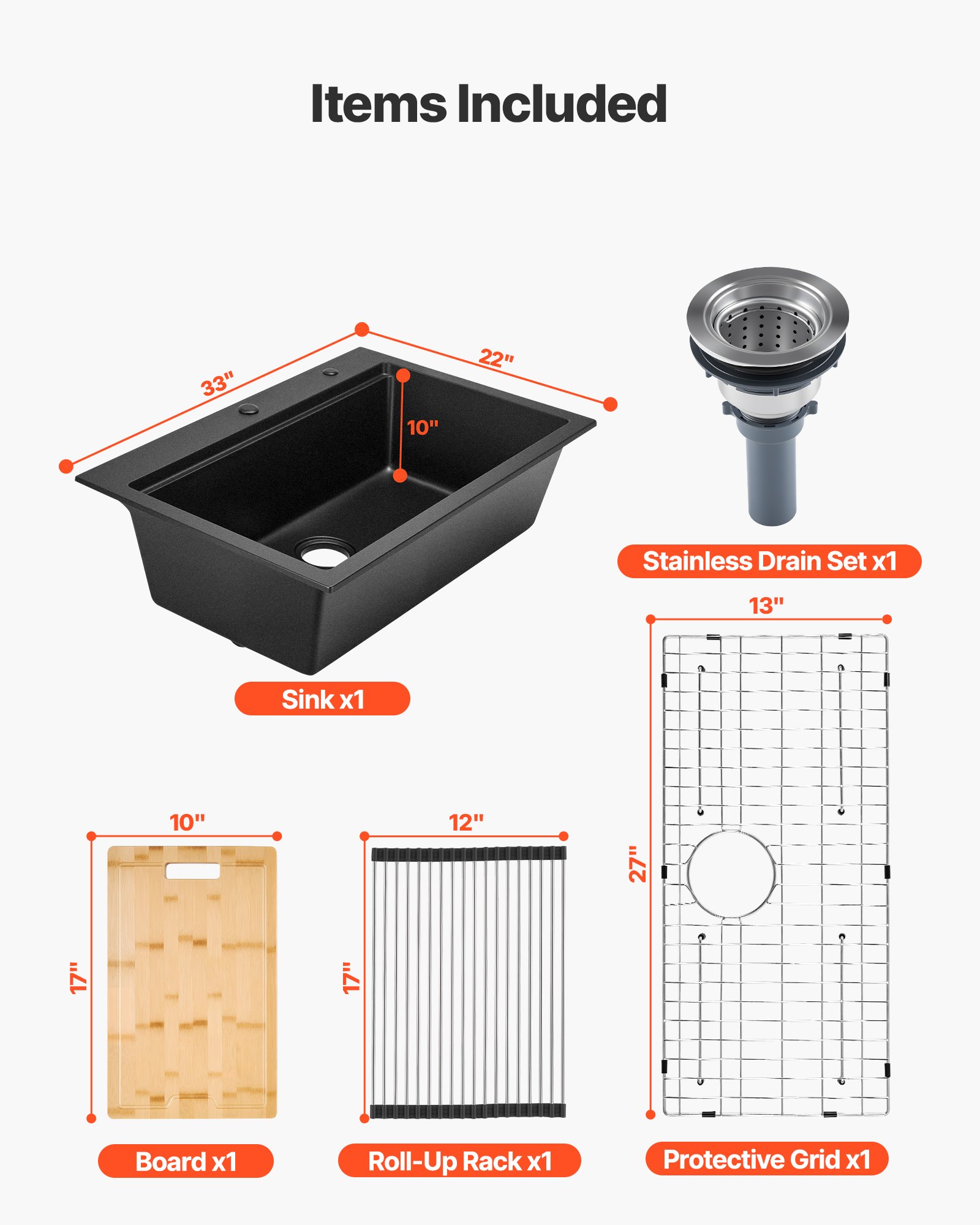 VEVOR Granieten Keuken Spoelbak (84 x 56 x 25 cm) voor Opbouwmontage, Inbouw Spoelbak in Landelijke Stijl met Accessoires, Huishoudelijke Spoelbak voor Campers, Voorbereidingskeukens, Bars, Zwart
