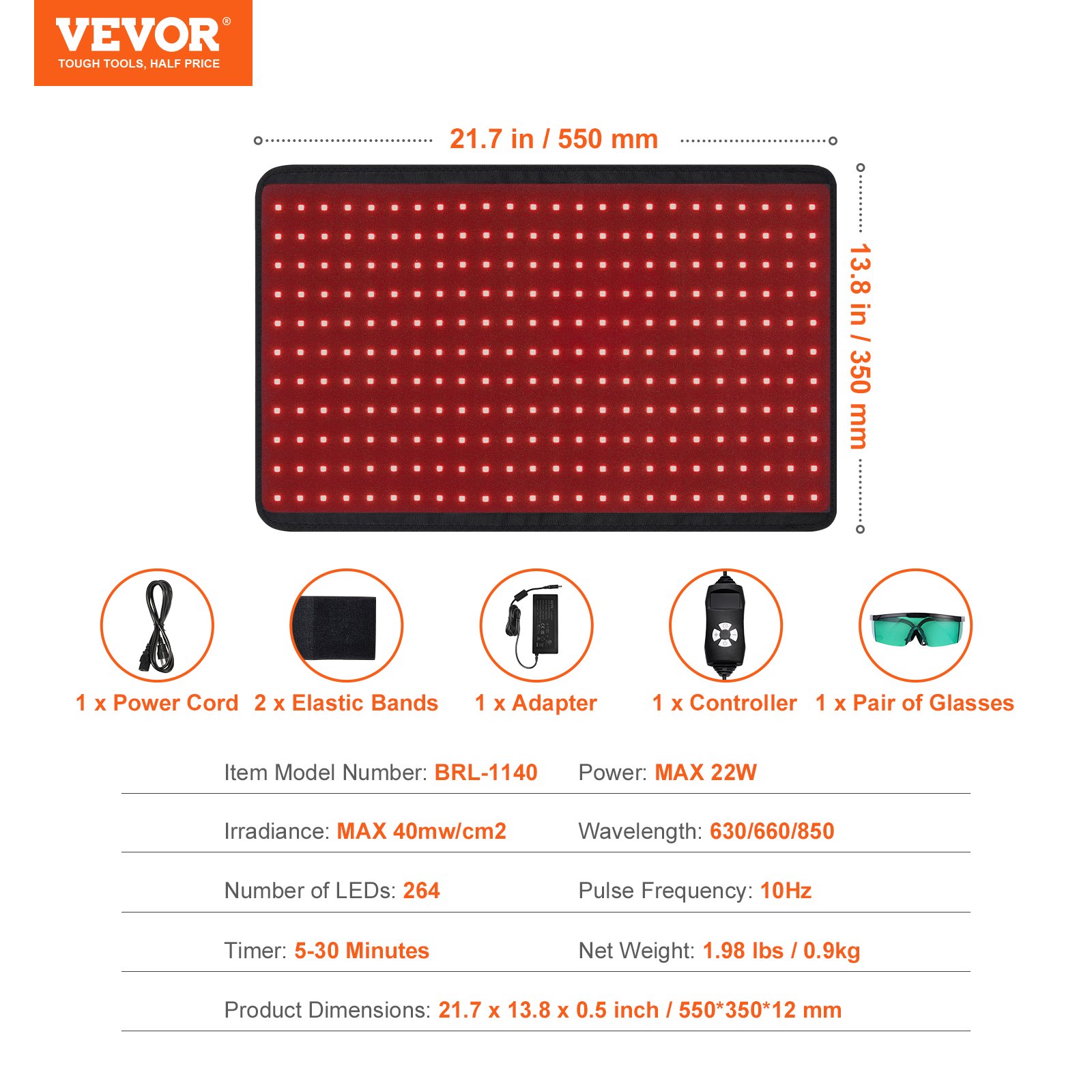 VEVOR Roodlichttherapiemat, 264 LED-lichttherapiemat met controller, 10 Hz puls, 5-30 min timer, 630 nm Nano Rood & 660 nm Rood & 850 nm Nabij-infrarood lichttherapie voor pijnverlichting en huidgezondheid