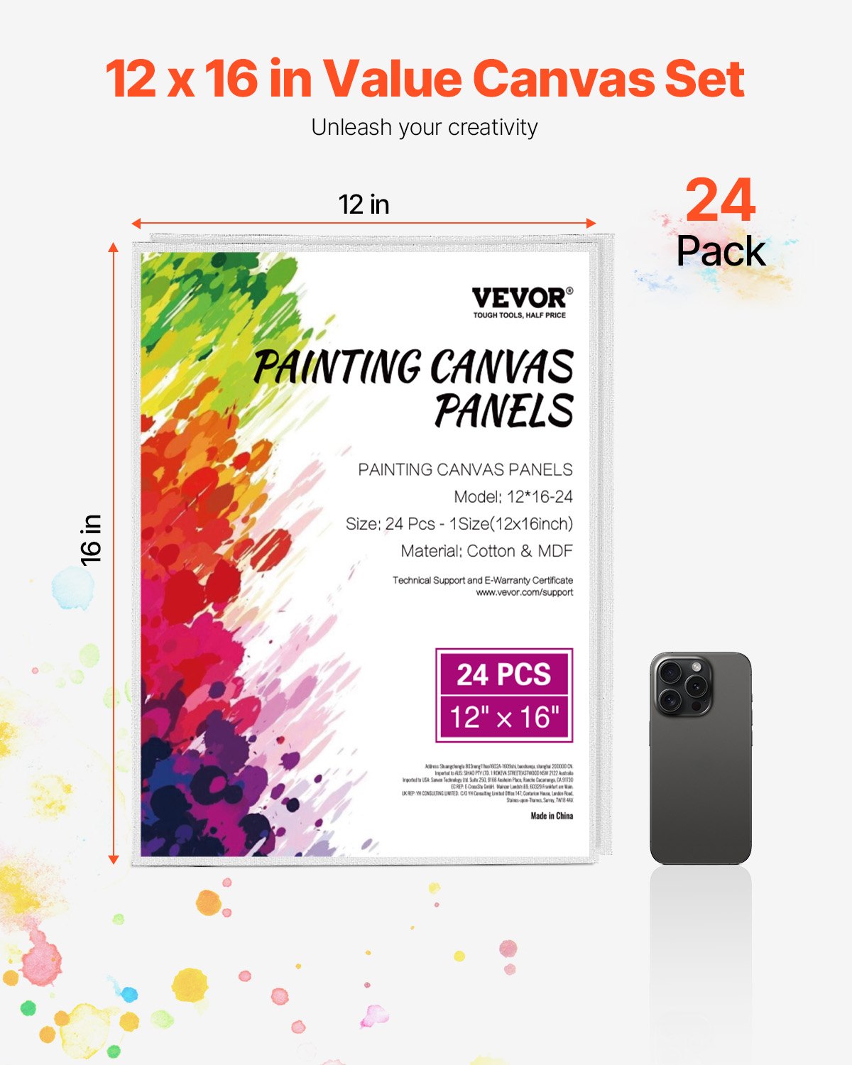VEVOR Canvas Boards for Painting, 12 x 16 Inch White Canvases for Painting, 24 Pack Painting Canvas Panels for Sketching, Acrylic and Oil Painting, Watercolor, Paint Canvas for Kids and Professionals