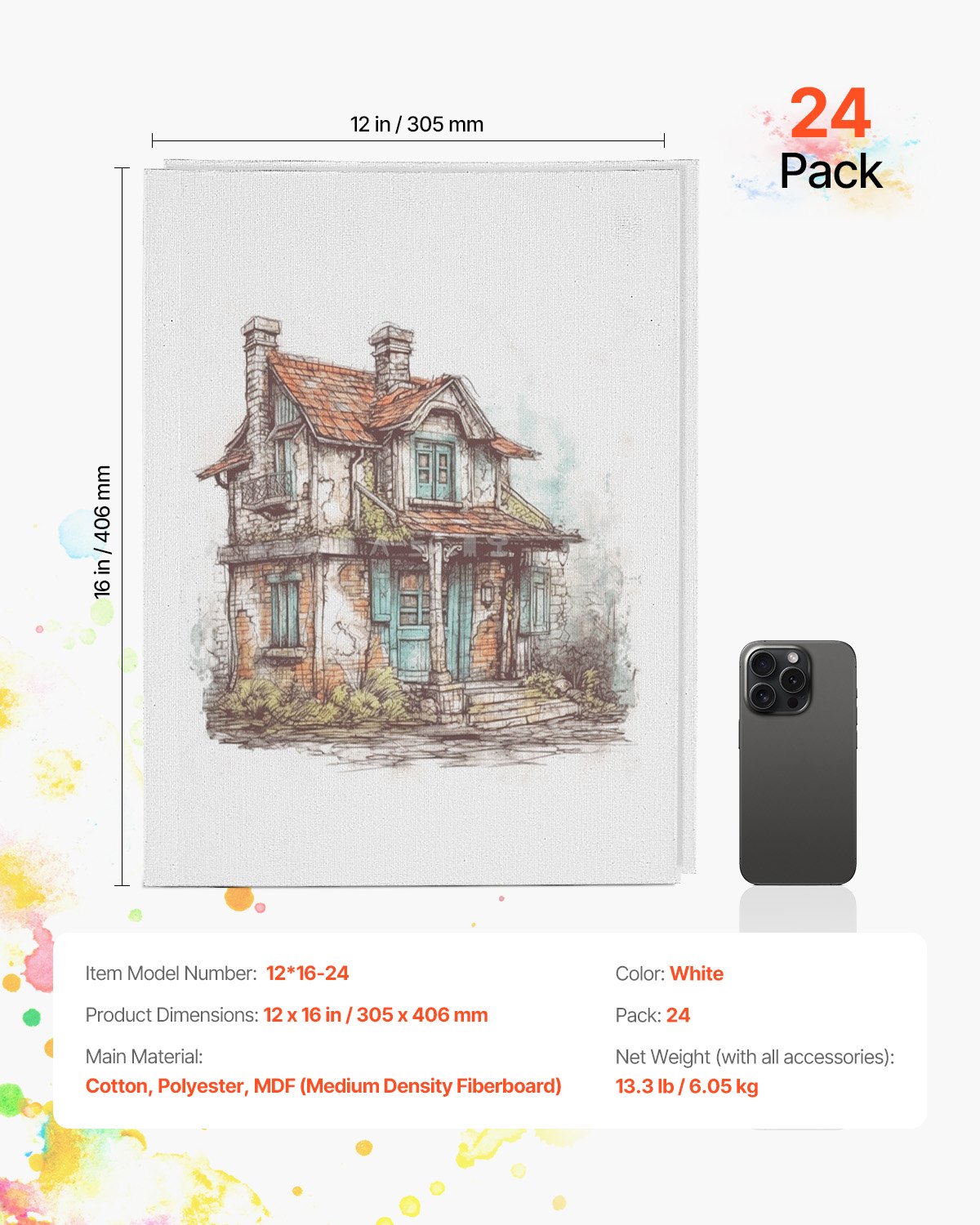 VEVOR Canvas Boards for Painting, 12 x 16 Inch White Canvases for Painting, 24 Pack Painting Canvas Panels for Sketching, Acrylic and Oil Painting, Watercolor, Paint Canvas for Kids and Professionals