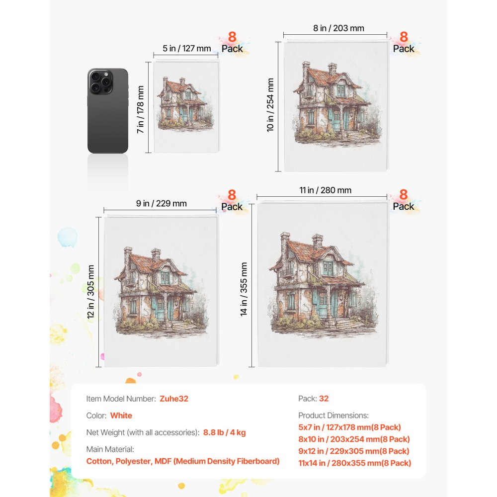 VEVOR Canvas Boards for Painting, 32 Pack White Painting Canvases Set - 5x7, 8x10, 9x12, 11x14 Painting Canvas Panels for Acrylic and Oil Painting, Watercolor, Paint Canvas for Kids and Professionals