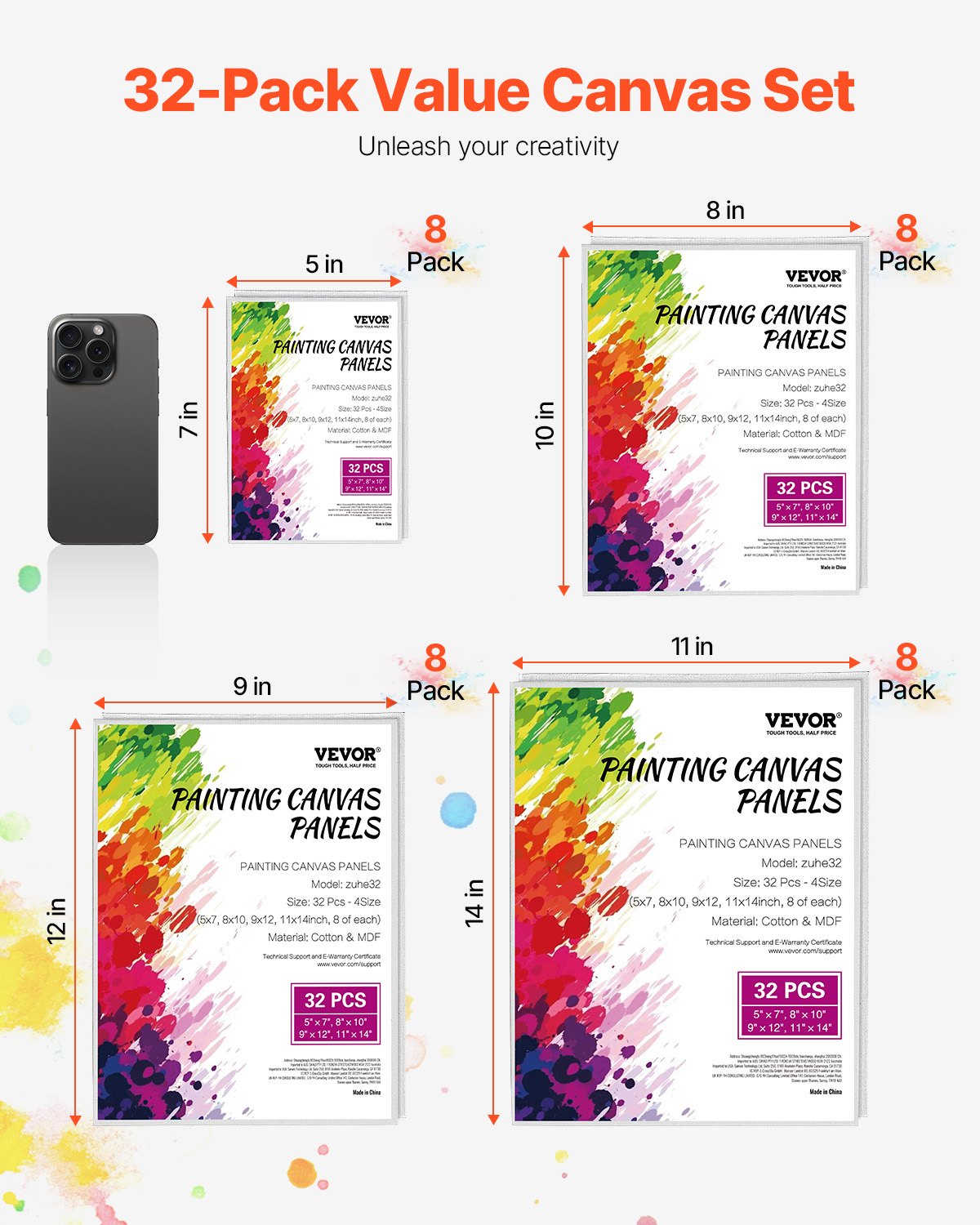 VEVOR Canvas Boards for Painting, 32 Pack White Painting Canvases Set - 5x7, 8x10, 9x12, 11x14 Painting Canvas Panels for Acrylic and Oil Painting, Watercolor, Paint Canvas for Kids and Professionals