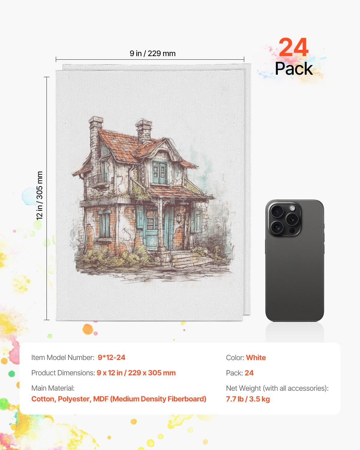 VEVOR Canvas Boards for Painting, 9 x 12 Inch White Canvases for Painting, 24 Pack Painting Canvas Panels for Sketching, Acrylic and Oil Painting, Watercolor, Paint Canvas for Kids and Professionals