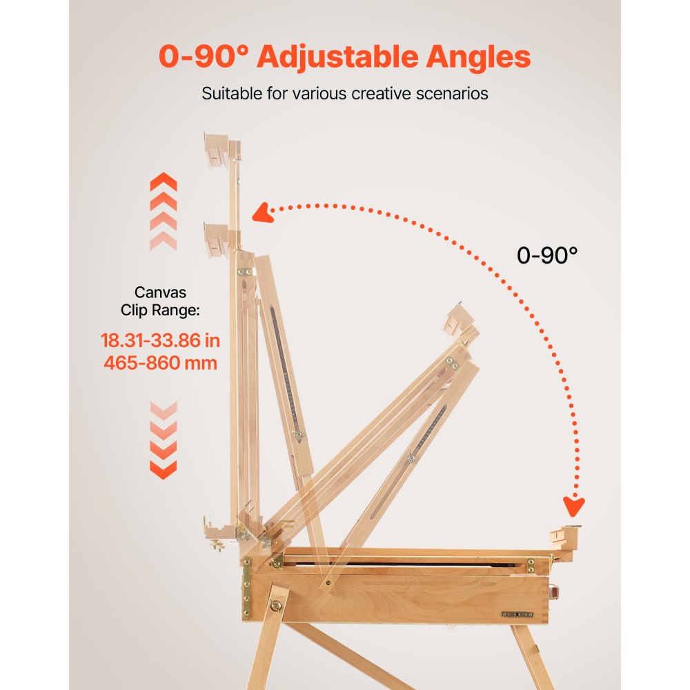 VEVOR Franse koffer-schildersezel/schetskist voor doeken tot 860 mm, voor schilderwerk, gemaakt van beukenhout, in hoogte en hoek verstelbaar, opvouwbaar en draagbaar, met lades, pallet en schouderriem.