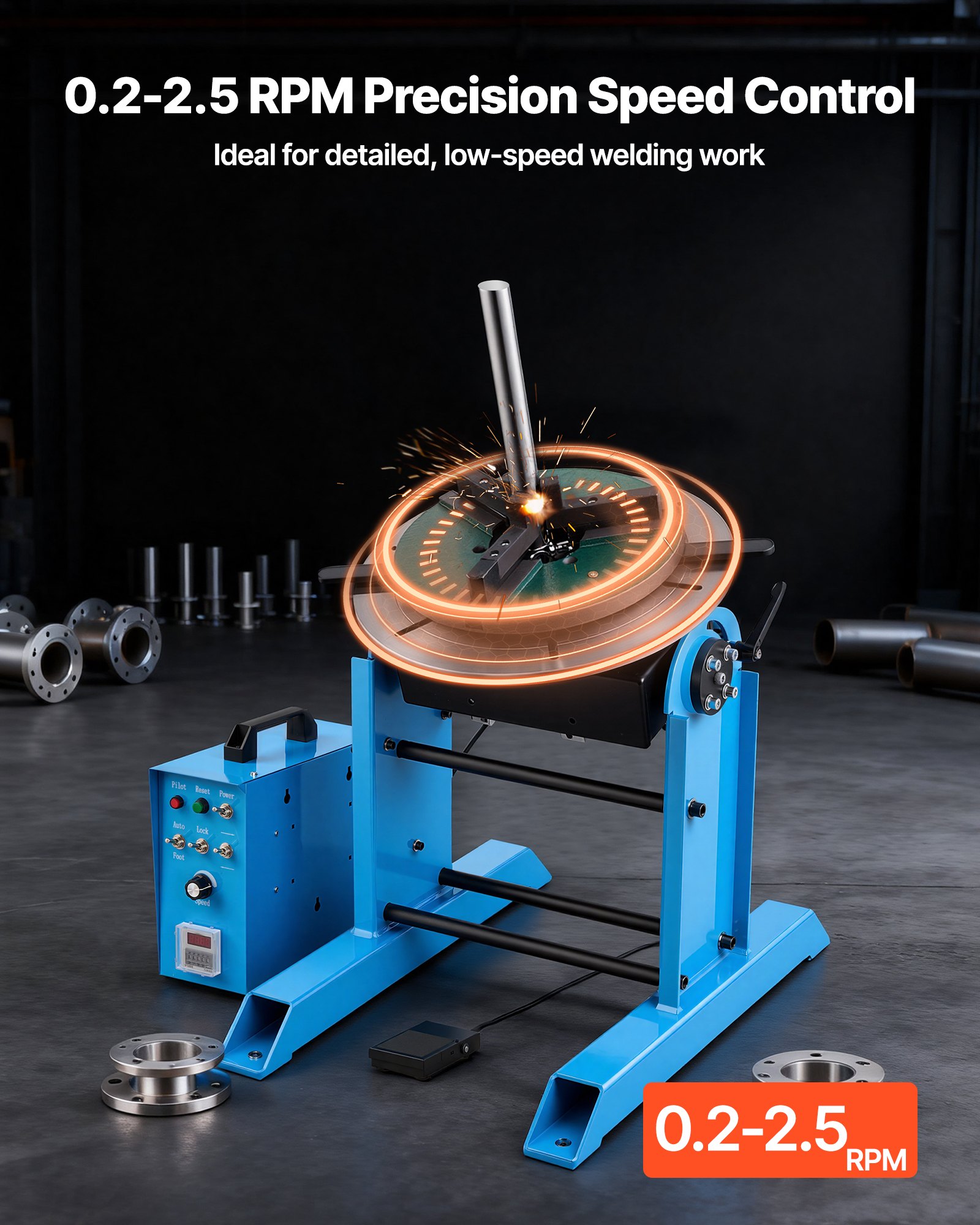 VEVOR lasdraaitafel 300 kg, laspositioneerder 200 W, kantelhoek -45° tot 90°, snelheidsregeling 0,2–2,5 tpm, elektrisch en met voetpedaal, voor snij-, slijp- en montagewerkzaamheden.