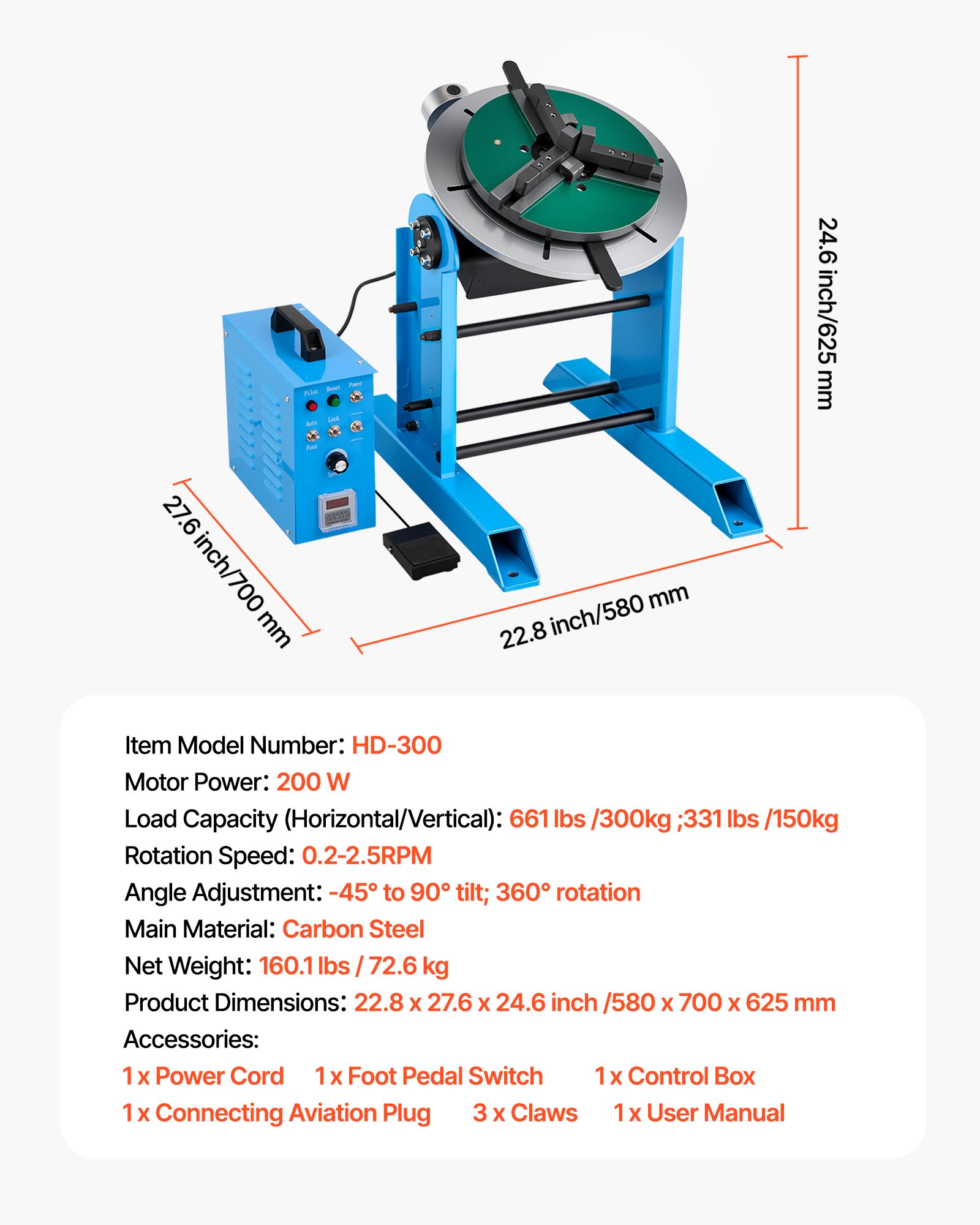 VEVOR lasdraaitafel 300 kg, laspositioneerder 200 W, kantelhoek -45° tot 90°, snelheidsregeling 0,2–2,5 tpm, elektrisch en met voetpedaal, voor snij-, slijp- en montagewerkzaamheden.