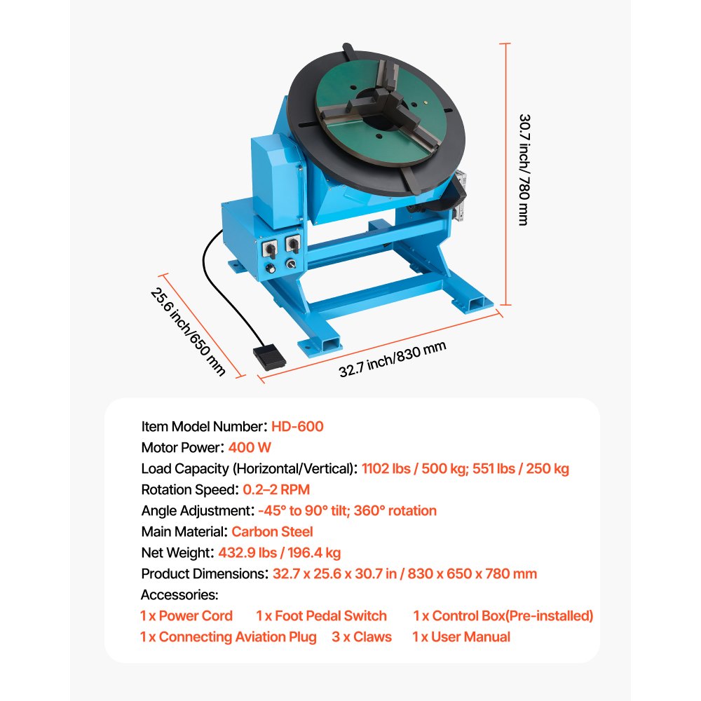 VEVOR Rotary Welding Positioner, 1102 lbs Load Capacity, -45° to 90° Tilt Angle Welding Positioner Turntable Table, 0.2-2 RPM Speed Control, Electric and Foot Pedal, for Cutting, Grinding, Assembly