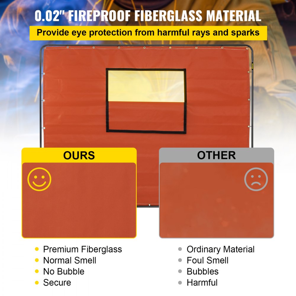 VEVOR Welding Curtain, 6' x 8', Welding Screen with Metal Frame & 4 Wheels, Fireproof Fiberglass with Transparent Window, for Workshop, Industrial Site, Red