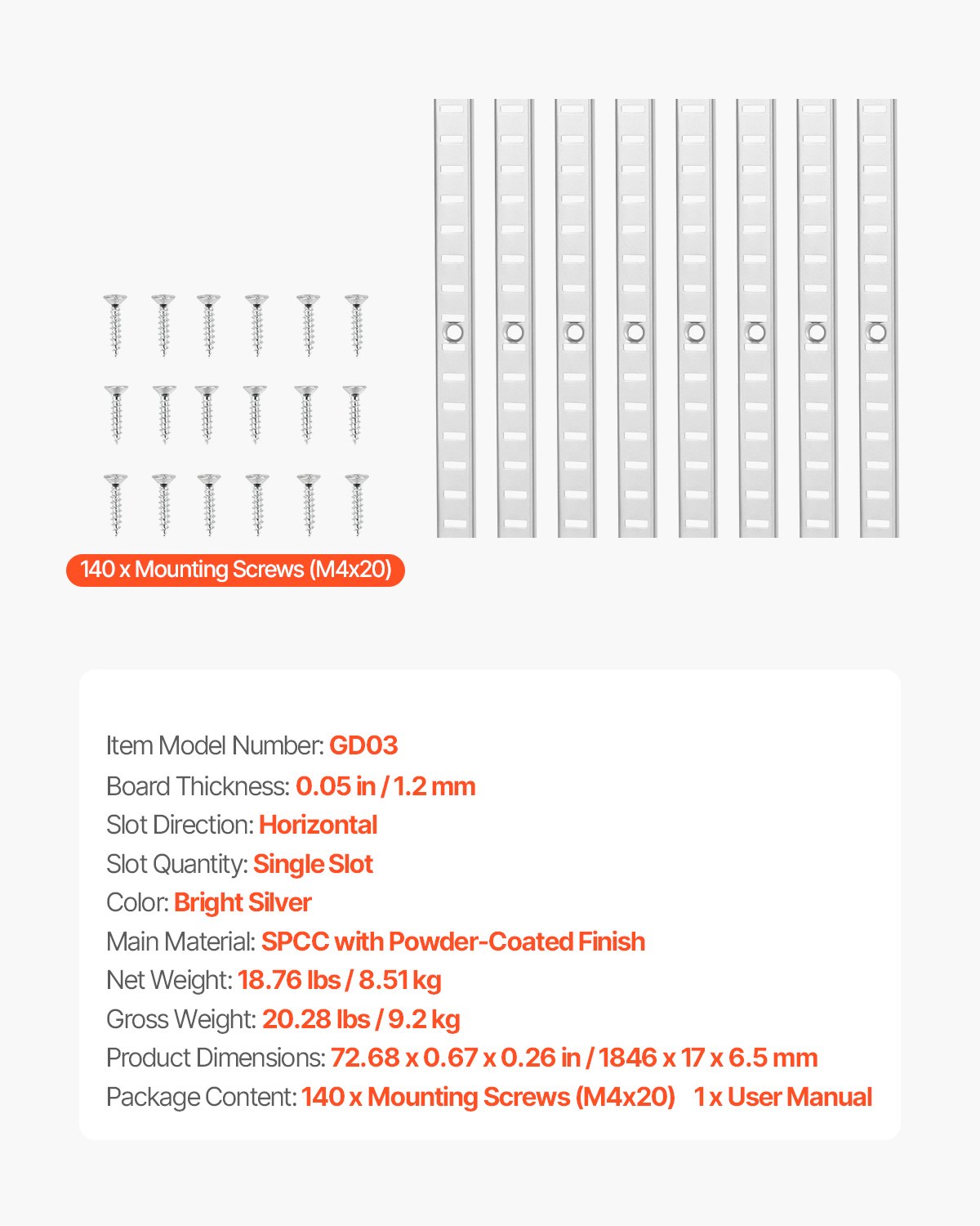 VEVOR plankdragers, 1846 mm, verpakking van 20 stuks, verstelbare plankdragers, insteekbare dragerstrips met 140 schroeven, geschikt voor wandplankensystemen en kastorganisatie.