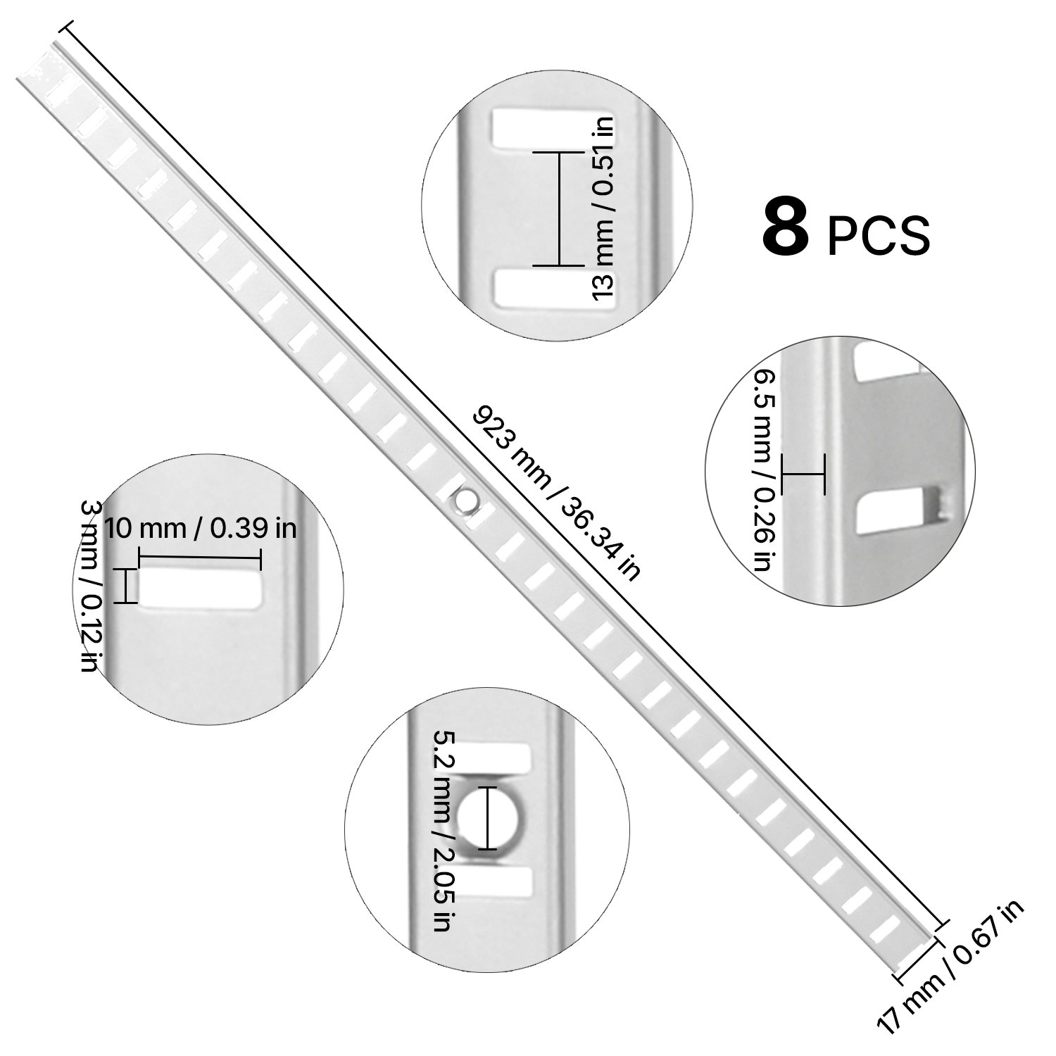 VEVOR Plankpilasters, 923 mm, 8 stuks, verstelbare stalen plankbeugels, pilasterstripstandaards met 32 ​​schroeven, geschikt voor wandplankensysteem, kastorganisatie