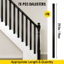 VEVOR deck balusters, 76 pcs, 29.5in length, black, mounted on a staircase railing.