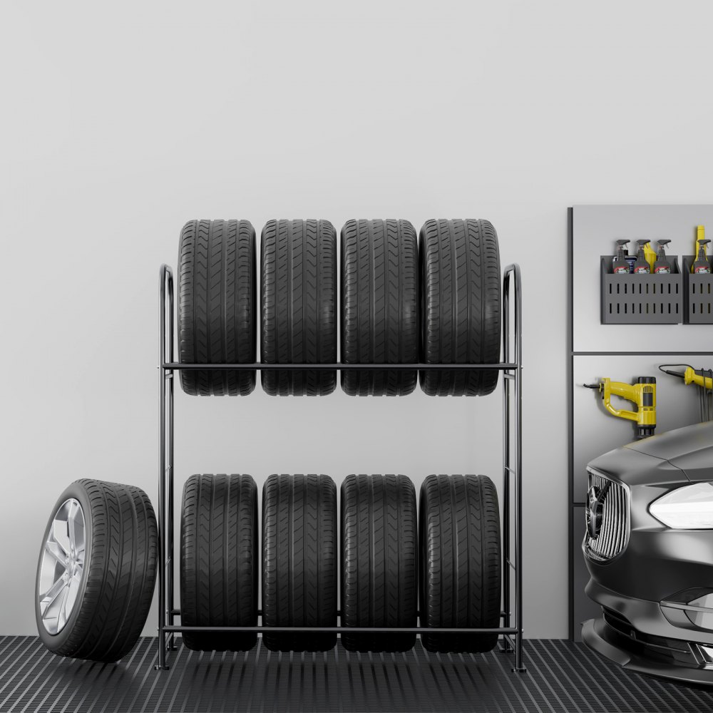 VEVOR Tire Storage Rack, 2-Shelf Tire Stand Holds up to 8 Standard Tires, Q195 Heavy-Duty Steel Tire Holder Carrier with Adjustable Height & Protective Cover for Garage Workshop, 397LBS Loading