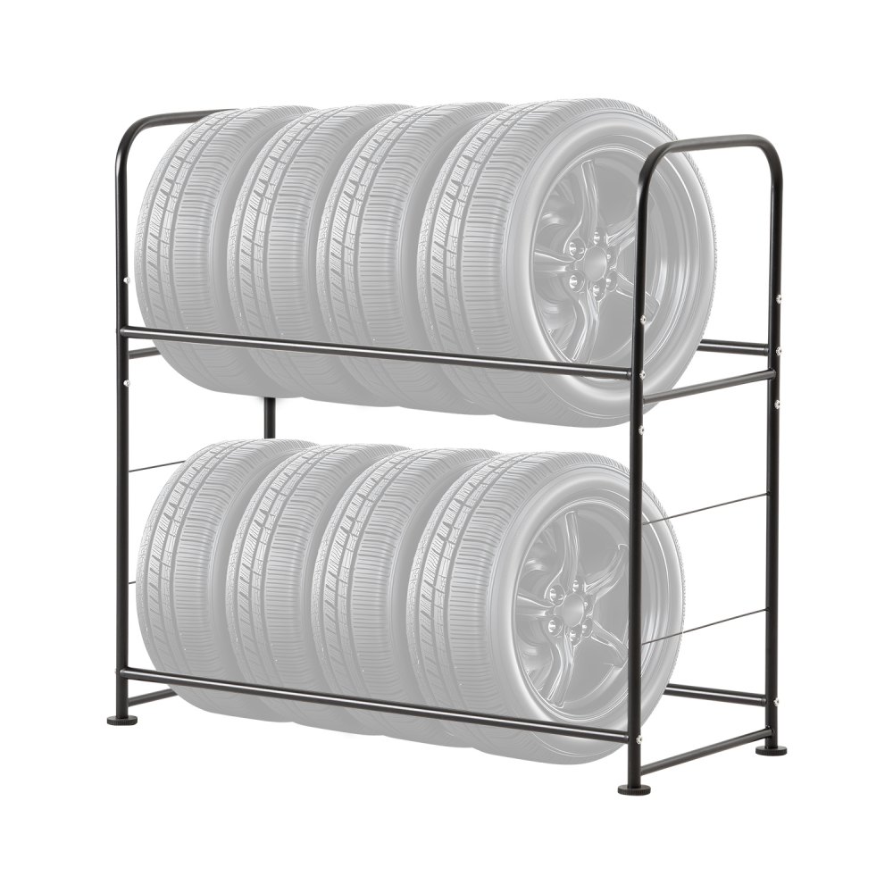 VEVOR Tire Storage Rack, 2-Shelf Tire Stand Holds up to 8 Standard Tires, Q195 Heavy-Duty Steel Tire Holder Carrier with Adjustable Height & Protective Cover for Garage Workshop, 397LBS Loading