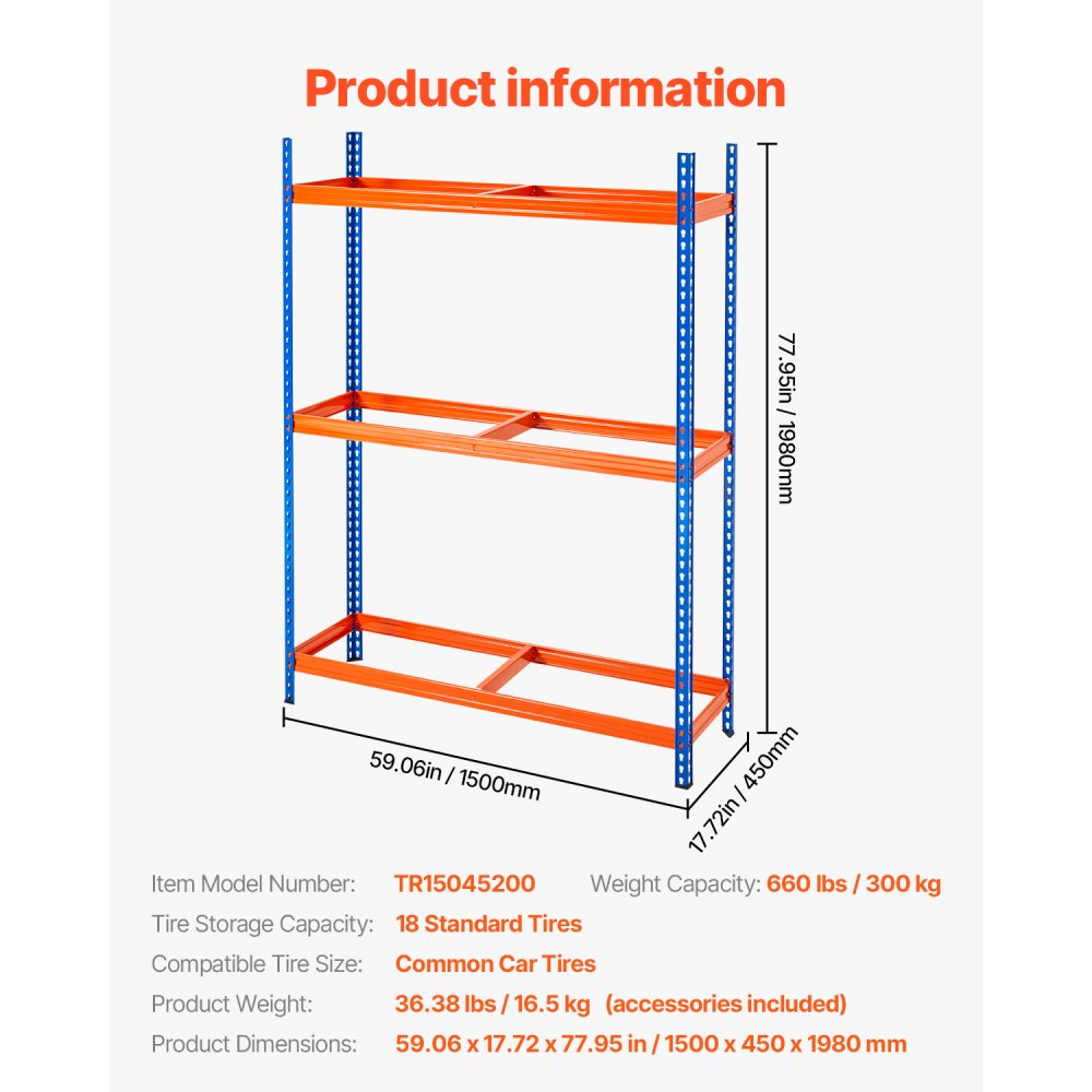 VEVOR Tire Storage Rack, 3-Shelf Tire Holder Holds up to 18 Standard Tires, SPCC-SD Heavy Duty Metal Tire Carrier Stand with Adjustable Spacing for Garage Workshop, 660LBS Loading Capacity