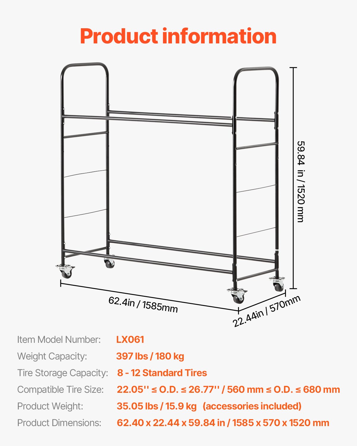 VEVOR Rolling Tire Storage Rack, 2-Shelf Tire Holder and Transport Trailer for Garage, Heavy-Duty Steel Tire Storage Cart with Wheel, Adjustable Height & Protective Cover, Hold up to 12 Standard Tires