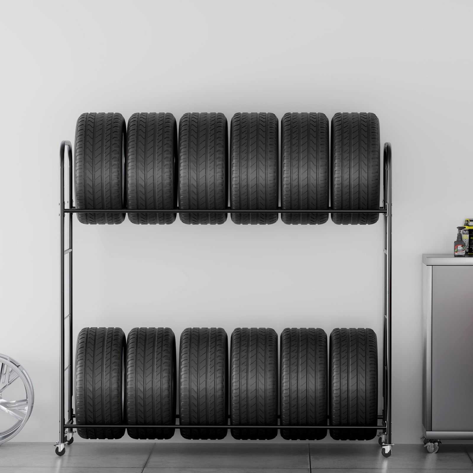 VEVOR Rolling Tire Storage Rack, 2-Shelf Tire Holder and Transport Trailer for Garage, Heavy-Duty Steel Tire Storage Cart with Wheel, Adjustable Height & Protective Cover, Hold up to 12 Standard Tires