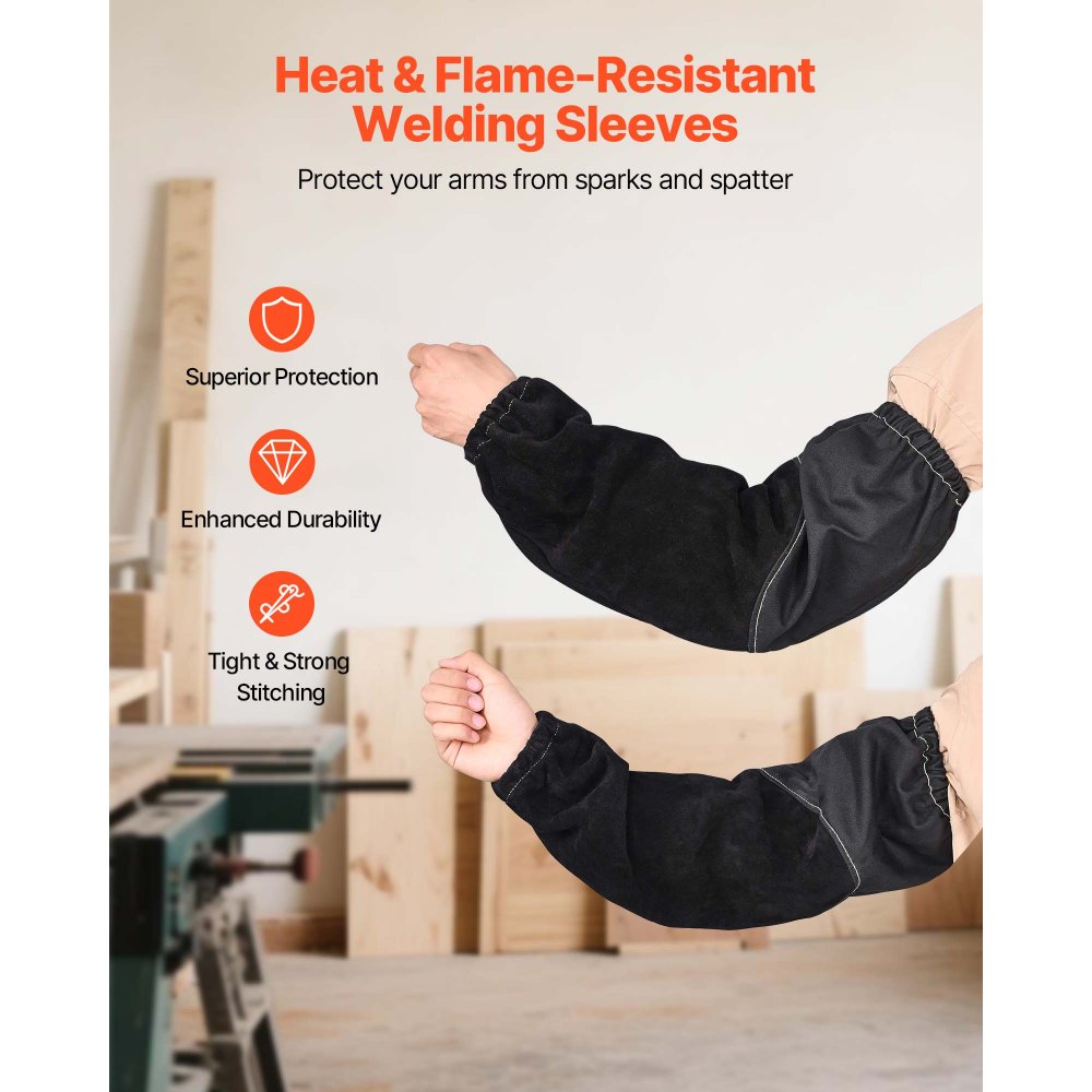 VEVOR Flame Resistant Welding Work Sleeves, Heavy Duty Cowhide Leather & FR Cotton Arm Protection Sleeves for Men Women - with Elastic Cuffs for Welding, Blacksmithing, Woodworking