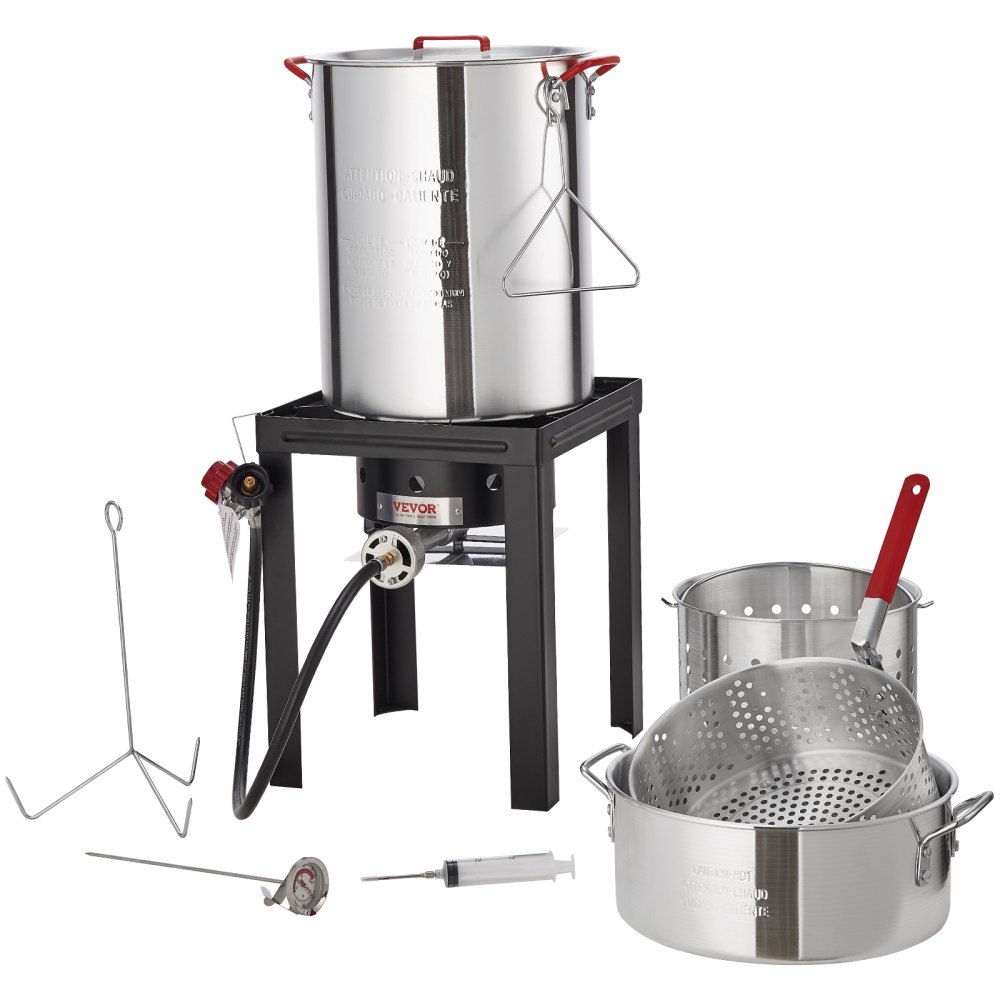 VEVOR Turkey Fryer, 30-Quart Turkey and 10-Quart Fish Steamer Set, Outdoor Aluminum Frying Pot, 54,000 BTU Burner Propane Gas Kettle, Includes Baskets, Perforated Poultry Rack