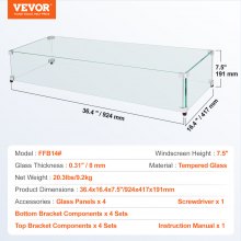 VEVOR Glazen windscherm voor rechthoekige vuurplaatstafel 924 x 417 x 191 mm, 8 mm dik en stevig paneel van gehard glas met harde aluminium hoekbeugel en rubberen voetjes, eenvoudig te monteren
