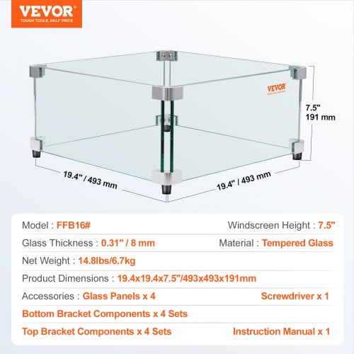 VEVOR Gashaard Windscherm Voor Vierkante Vuurtafel, 380 X 380 X 180 Mm Vuurplaats Windscherm 8 Mm Dik Vierkant Glazen Scherm Glazen Blad Met Harde Hoekbeugel