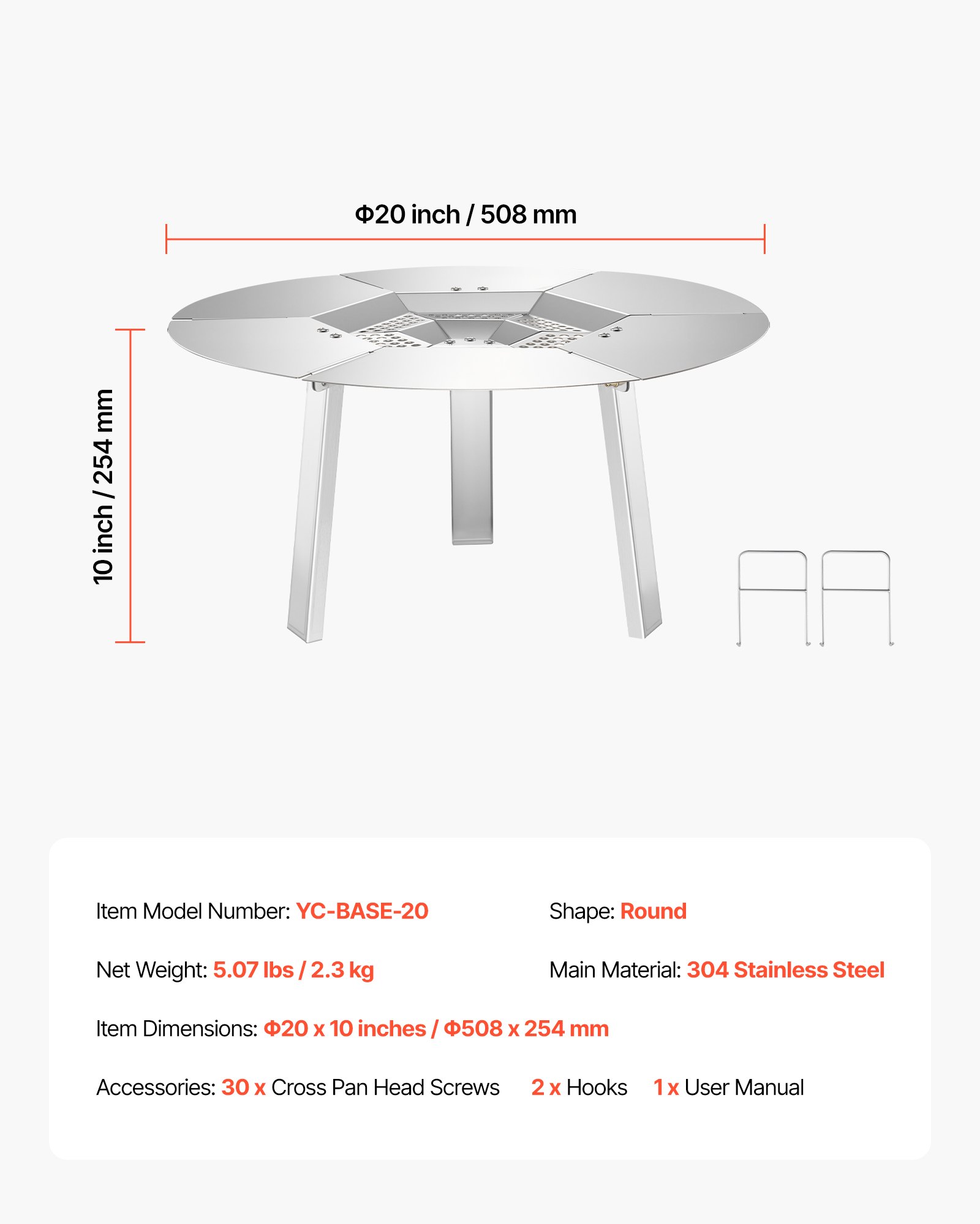 VEVOR Fire Pit Heat Deflector for Solo Stove Yukon, 508 mm Bonfire Heat Warden Round for Wood Burning Fire Pit, 304 Stainless Steel Heat Diffuser, Detachable Burner Cover Camping Accessories